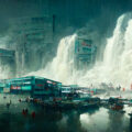 Noisy dam destroying itself creating flood in the city, digital concept art. Cityscape with flood,.