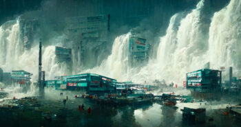 Noisy dam destroying itself creating flood in the city, digital concept art. Cityscape with flood,.