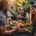Outdoor Social Gathering with Delicious Food Cooked on Barbecue Grill