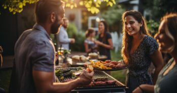 Outdoor Social Gathering with Delicious Food Cooked on Barbecue Grill