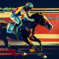 IA Illustration. Jockey riding a horse running in a horse race. Black background with bright colors. Generative AI