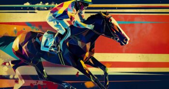 IA Illustration. Jockey riding a horse running in a horse race. Black background with bright colors. Generative AI