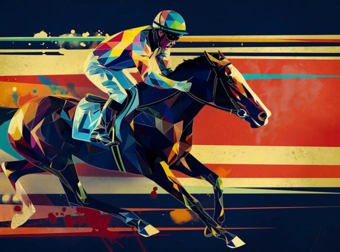 IA Illustration. Jockey riding a horse running in a horse race. Black background with bright colors. Generative AI