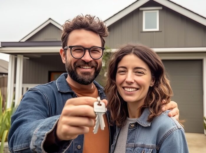 Portrait of happy confident 30 year old hetero couple showing the keys of his new house in front of their new house. Generative AI