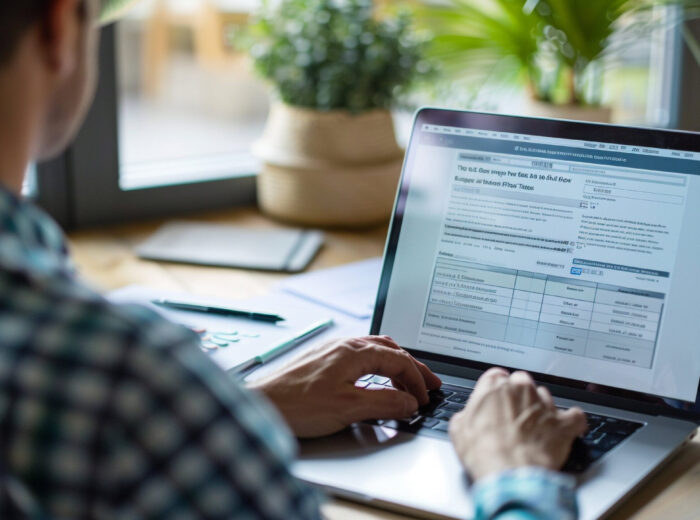 An image of an individual reviewing their tax return online. The person is sitting comfortably at a desk with a laptop, looking over the summary page.