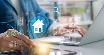 Real estate management. using a tablet to manage real estate tasks with interactive digital checklists, housing icons, and investment tools for efficient property management and project organization.
