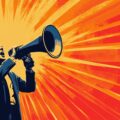 A politician with a megaphone, rallying supporters, symbolizing advocacy and empowerment