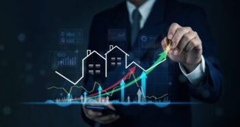 Housing market trends with increasing property value and economic forecast.Real estate investment and property market analytics, financial growth trends.