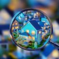 A magnifying glass focusing on a blue house among many similar houses, symbolizing real estate search or investment.