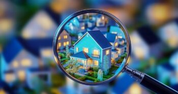 A magnifying glass focusing on a blue house among many similar houses, symbolizing real estate search or investment.