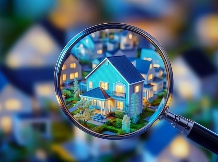 A magnifying glass focusing on a blue house among many similar houses, symbolizing real estate search or investment.