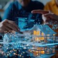 Real estate agent presenting a house model to a couple with a digital screen showing property details