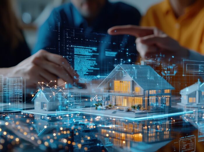 Real estate agent presenting a house model to a couple with a digital screen showing property details