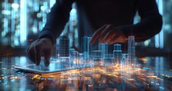 a man using digital tablet, and modern buildings hologram. Real estate business and building technology concept