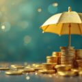 Golden umbrella covers shiny coins stacks financial protection, investment security against market risks, uncertainties. Wealth management planning, banking savings, insurance coverage retirement