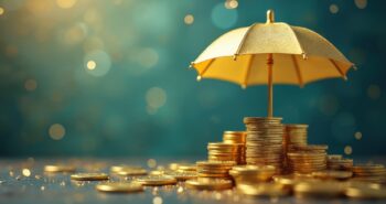 Golden umbrella covers shiny coins stacks financial protection, investment security against market risks, uncertainties. Wealth management planning, banking savings, insurance coverage retirement