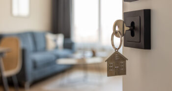 Open door to a new home with key and home shaped keychain. Mortgage, investment, real estate, property and new home concept