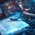 A magnifying glass rests on a document, symbolizing digital investigation and data analysis.