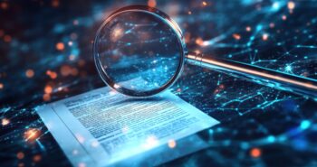 A magnifying glass rests on a document, symbolizing digital investigation and data analysis.