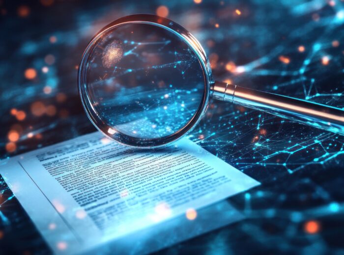 A magnifying glass rests on a document, symbolizing digital investigation and data analysis.