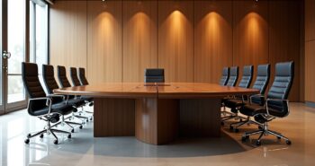 Table and chairs for a conference in a contemporary meeting room.
