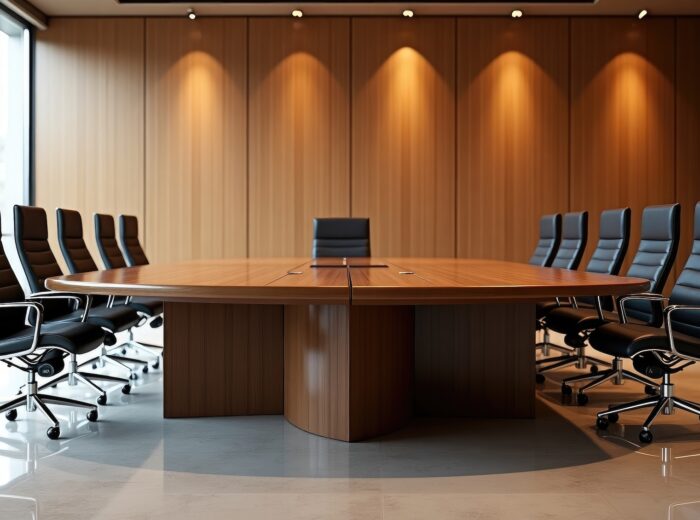 Table and chairs for a conference in a contemporary meeting room.
