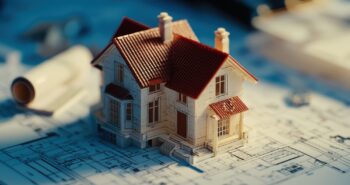 Model house building sitting on blueprint. Home architecture design plan development process. Real estate agency property concept.