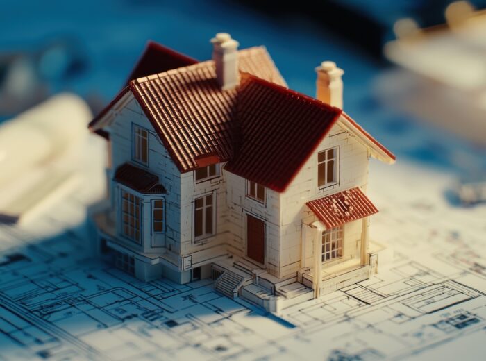 Model house building sitting on blueprint. Home architecture design plan development process. Real estate agency property concept.