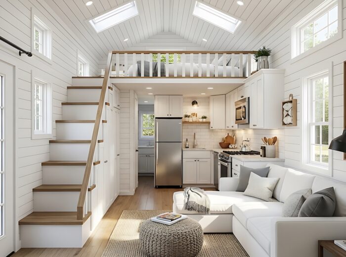 Modern tiny house interior design with loft bedroom