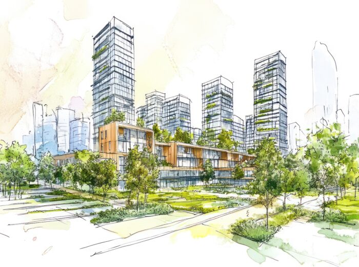 Modern urban development architectural rendering with green spaces and high-rise buildings.