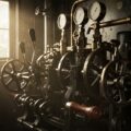A captivating image of antique industrial machinery.  The intricate details and warm lighting create a nostalgic atmosphere.