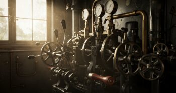 A captivating image of antique industrial machinery.  The intricate details and warm lighting create a nostalgic atmosphere.