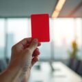Hand holds red card in office against blurred background. Concept of warning violation penalty or decision. Ref shows card. Man gesturing. Meeting room shows bad, behavior or misconduct.
