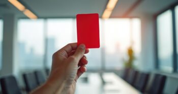 Hand holds red card in office against blurred background. Concept of warning violation penalty or decision. Ref shows card. Man gesturing. Meeting room shows bad, behavior or misconduct.