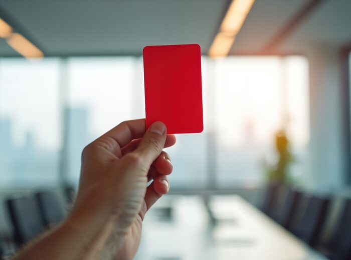 Hand holds red card in office against blurred background. Concept of warning violation penalty or decision. Ref shows card. Man gesturing. Meeting room shows bad, behavior or misconduct.