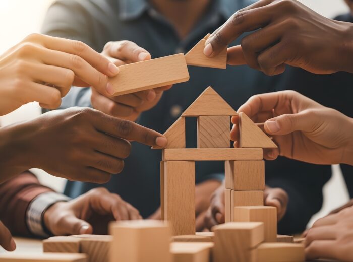 A poignant symbol of community building, cooperation, and inclusion. Each distinct hand represents a unique individual, and their act of building a home together symbolizes the collective effort to create a safe, supportive, and inclusive space for all.