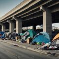 A homeless encampment with multiple tents and scattered belongings is set up on a street under a concrete freeway overpass, highlighting issues of urban poverty. SSUCv3H4sIAAAAAAAACpxSy26DMBC8V+o/IJ+DBBgC9FeiHhbbBKvGRrZJFUX599oY0u21N+/s7Oxj/Hh/yzIygJOMfGSPGIVYKrU6b8FLowNcnHbcCs2FxcjN0nOBAZAhKo9IcOmNlaAwOIBnk4ZZBFCvSkX4uSWJ8+BXJxyapayoHWM5ojHw4hp0/xCPJS4pzo7ElgwVIUXICWFuHTbsgJL4vyrT4/N1hKvQ7B5ne6KprVAC0nKXRCVf317YedtiJ8HKpUFb3QwDFQkUKYFcwEKq23mz4SJeuUW0xUom9RWpGz9t/h1VzKza2ztekChjFhhUdGcMrcWBT+BcoPMDx36E32Jm1Ecbv+25qxIeDIthSWnfdee2oXVRV11VtzshGT/JoLONcwy4LsoAF7Hpy5TfL9E2Ne1p1zYphY8dhNiX5Pi0MqoQENVYDUWf12095rXgLB9YT/MiDFXRsuBDUwVjnz8AAAD//wMAGFbyaBoDAAA=