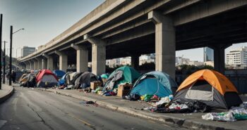 A homeless encampment with multiple tents and scattered belongings is set up on a street under a concrete freeway overpass, highlighting issues of urban poverty. SSUCv3H4sIAAAAAAAACpxSy26DMBC8V+o/IJ+DBBgC9FeiHhbbBKvGRrZJFUX599oY0u21N+/s7Oxj/Hh/yzIygJOMfGSPGIVYKrU6b8FLowNcnHbcCs2FxcjN0nOBAZAhKo9IcOmNlaAwOIBnk4ZZBFCvSkX4uSWJ8+BXJxyapayoHWM5ojHw4hp0/xCPJS4pzo7ElgwVIUXICWFuHTbsgJL4vyrT4/N1hKvQ7B5ne6KprVAC0nKXRCVf317YedtiJ8HKpUFb3QwDFQkUKYFcwEKq23mz4SJeuUW0xUom9RWpGz9t/h1VzKza2ztekChjFhhUdGcMrcWBT+BcoPMDx36E32Jm1Ecbv+25qxIeDIthSWnfdee2oXVRV11VtzshGT/JoLONcwy4LsoAF7Hpy5TfL9E2Ne1p1zYphY8dhNiX5Pi0MqoQENVYDUWf12095rXgLB9YT/MiDFXRsuBDUwVjnz8AAAD//wMAGFbyaBoDAAA=