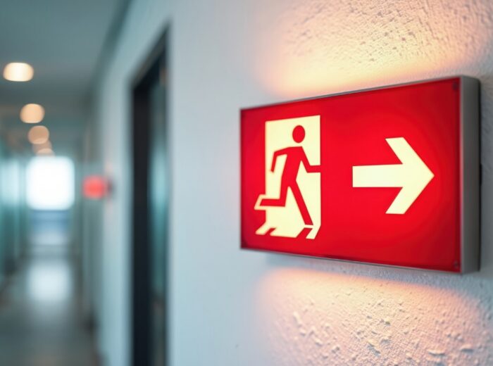 Illuminated red emergency exit sign mounted on office wall showing running man icon and right arrow. Provides clear guidance for evacuation routes and, safety compliance in modern building hallways.