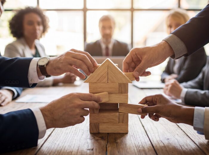 Business team building house model from wooden blocks in meeting, concept of teamwork, real estate planning, mortgage, insurance and investment strategy.