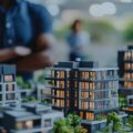 Architectural property models of houses and apartments displayed with precision blurred person in the background symbolizing the planning and development process for residential real estate projects