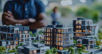 Architectural property models of houses and apartments displayed with precision blurred person in the background symbolizing the planning and development process for residential real estate projects