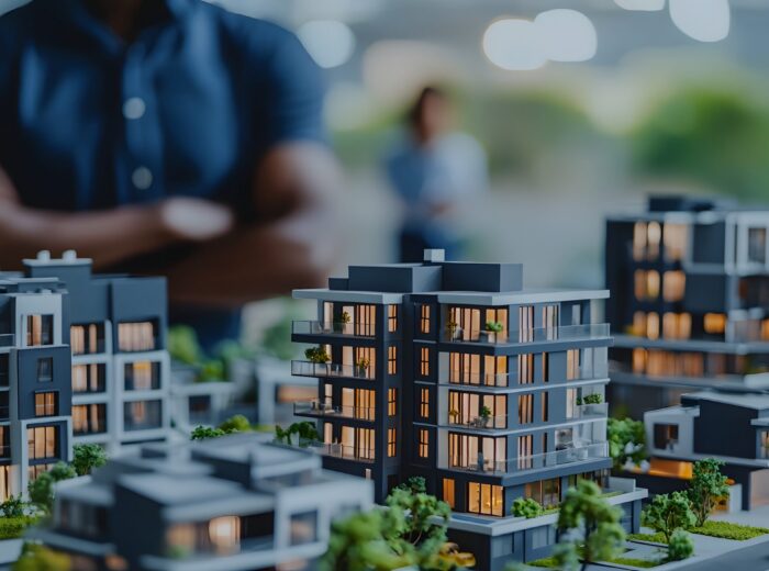 Architectural property models of houses and apartments displayed with precision blurred person in the background symbolizing the planning and development process for residential real estate projects