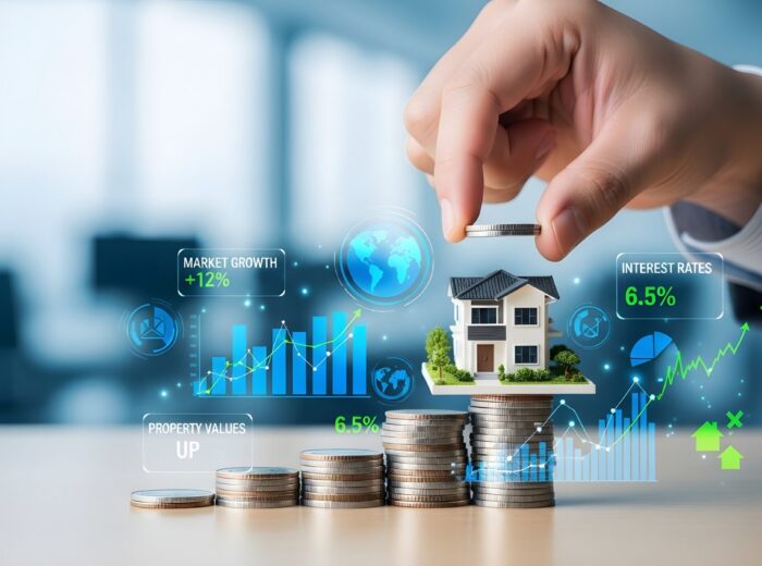 Real Estate Investment and Property Market Growth Concept with House Model on Coins Stack and Financial Data Infographics