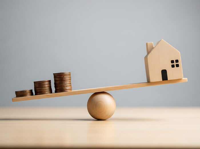 A wooden seesaw balances stacks of coins against a small wooden house, illustrating financial concepts.