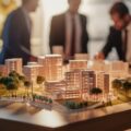 Complex scale model on the table, real estate developers, architects and businessmen team working on new business buildings project in office.