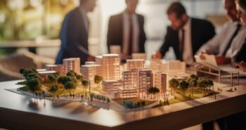 Complex scale model on the table, real estate developers, architects and businessmen team working on new business buildings project in office.