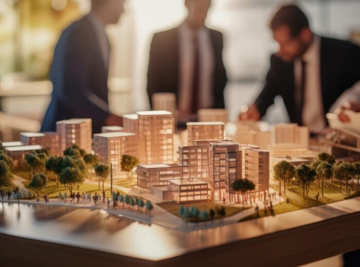 Complex scale model on the table, real estate developers, architects and businessmen team working on new business buildings project in office.